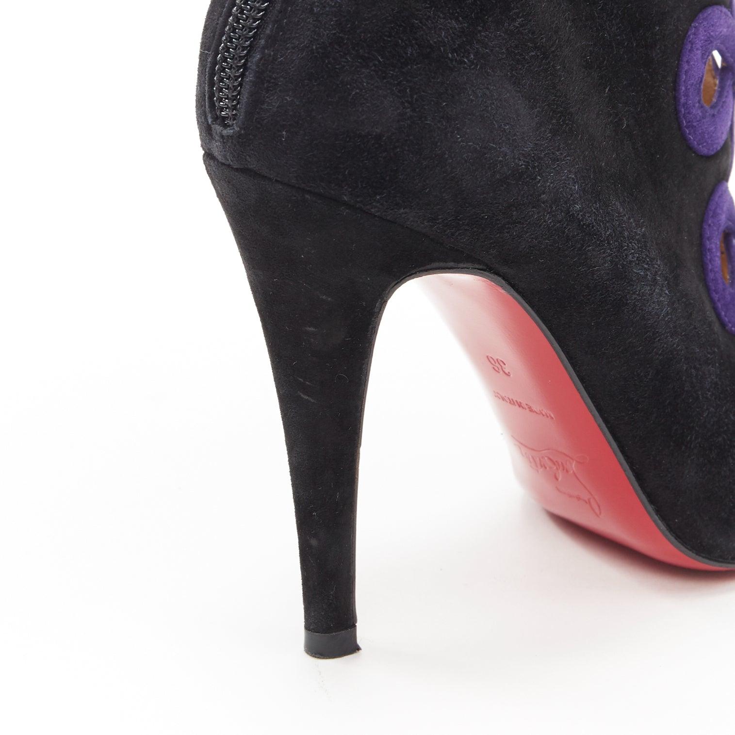 CHRISTIAN LOUBOUTIN black suede purple swirl cut out high heel ankle bootie EU36 For Sale 5