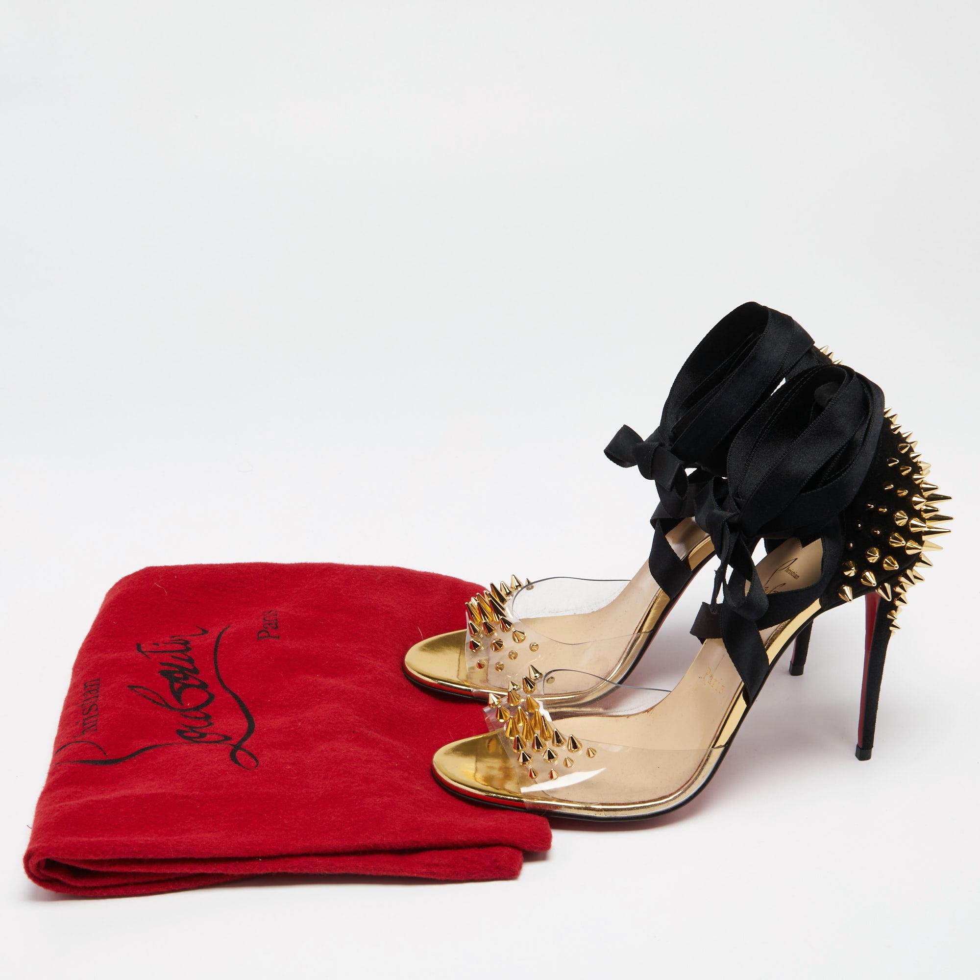 Christian Louboutin Black Suede PVC Barbarissima Spike Wrap Sandals Size 38.5 3