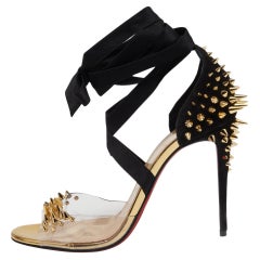 Christian Louboutin Black Suede PVC Barbarissima Spike Wrap Sandals Size 38.5