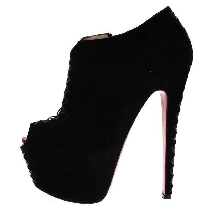 Women's Christian Louboutin Black Suede Recouzetta Peep Toe Platform Ankle Boots Size 36