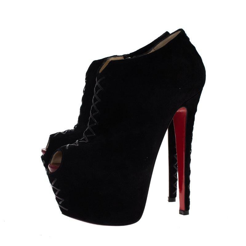 Christian Louboutin Black Suede Recouzetta Peep Toe Platform Ankle Boots Size 36 1