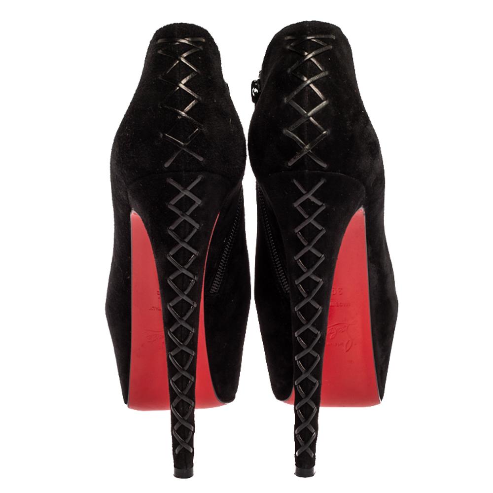 Christian Louboutin Black Suede Recouzetta Peep Toe Platform Ankle Boots Size 39 In Good Condition In Dubai, Al Qouz 2