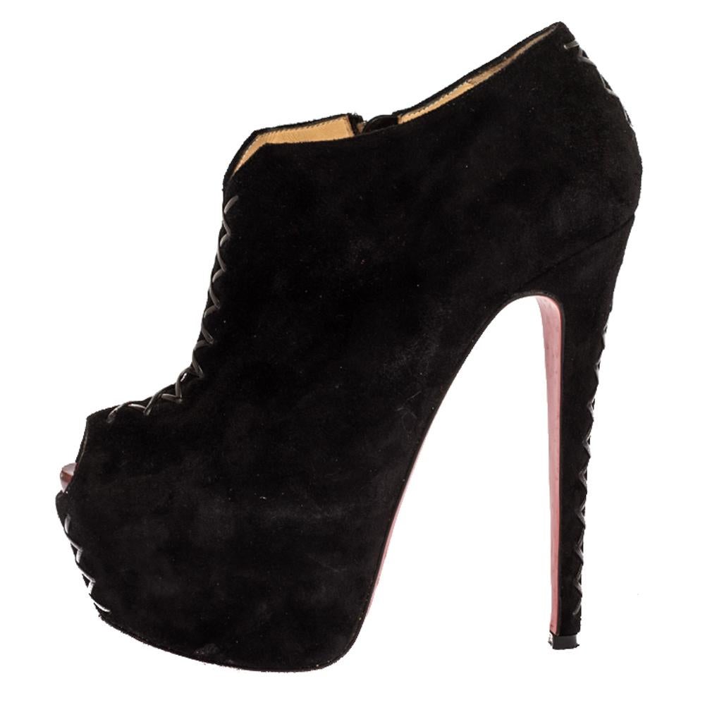 Women's Christian Louboutin Black Suede Recouzetta Peep Toe Platform Ankle Boots Size 39