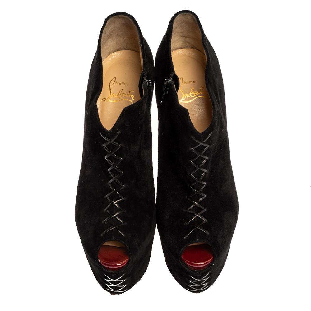 Christian Louboutin Black Suede Recouzetta Peep Toe Platform Ankle Boots Size 39 1
