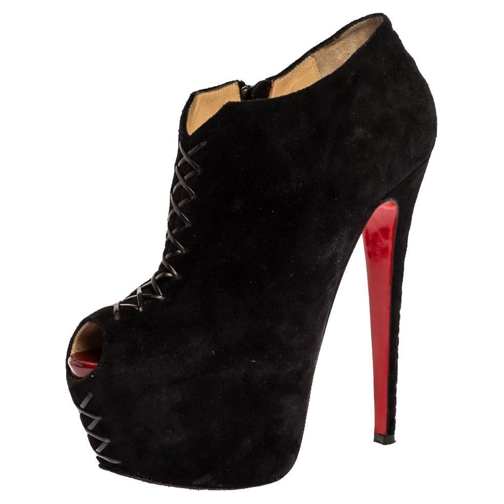 CHRISTIAN LOUBOUTIN Vicky Booty 120 Black Suede Red Bottom Ankle Boots 37.5  For Sale at 1stDibs