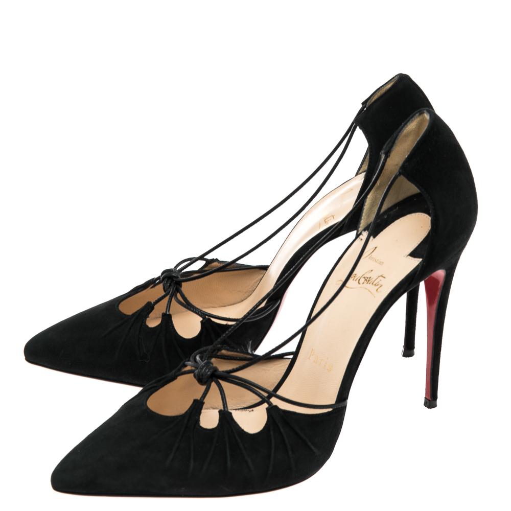 Women's Christian Louboutin Black Suede Riri Pointed Toe Pumps Size 39.5 For Sale