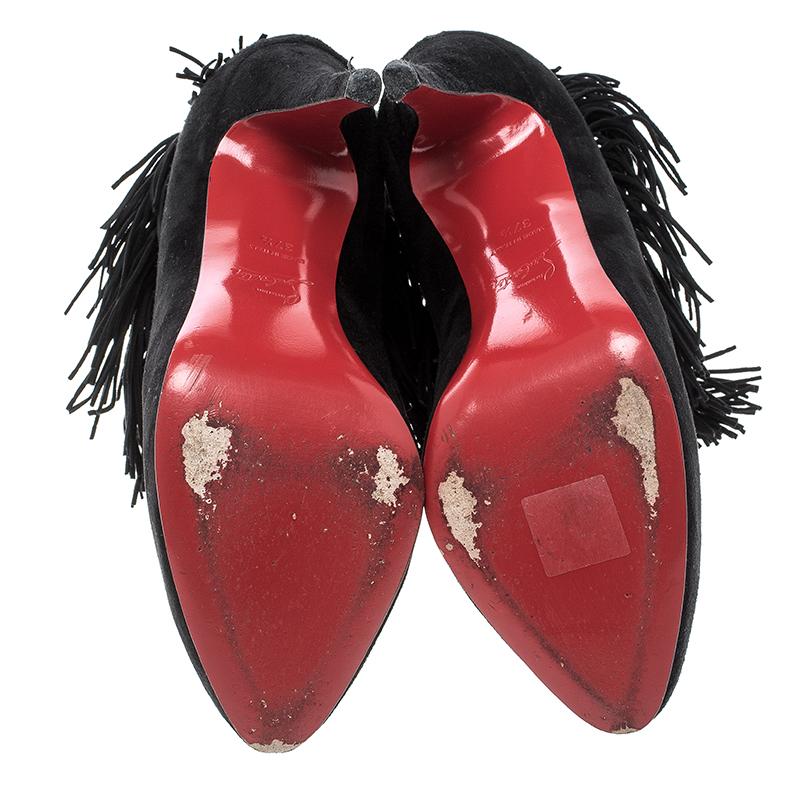 Women's Christian Louboutin Black Suede Rom Fringe Detail Platform Ankle Boots Size 37.5