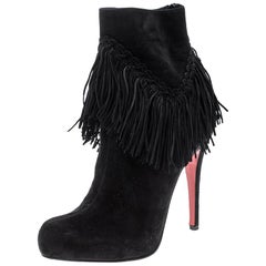 Christian Louboutin Black Suede Rom Fringe Detail Platform Ankle Boots Size 37.5