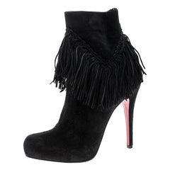 Christian Louboutin Black Suede Rom Fringe Detail Platform Ankle Boots Size 37.5