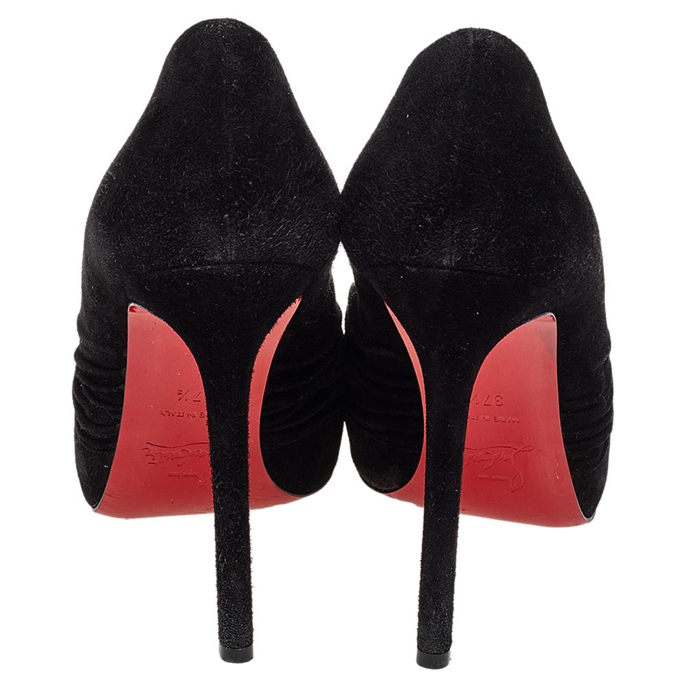 Women's Christian Louboutin Black Suede Ruched Detail Drapadita Peep Toe Pumps Size 37.5 For Sale