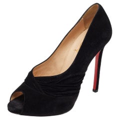 Christian Louboutin Black Suede Ruched Detail Drapadita Peep Toe Pumps Size 37.5