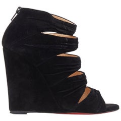 CHRISTIAN LOUBOUTIN black suede rusched strappy open toe wedge bootie heel EU37