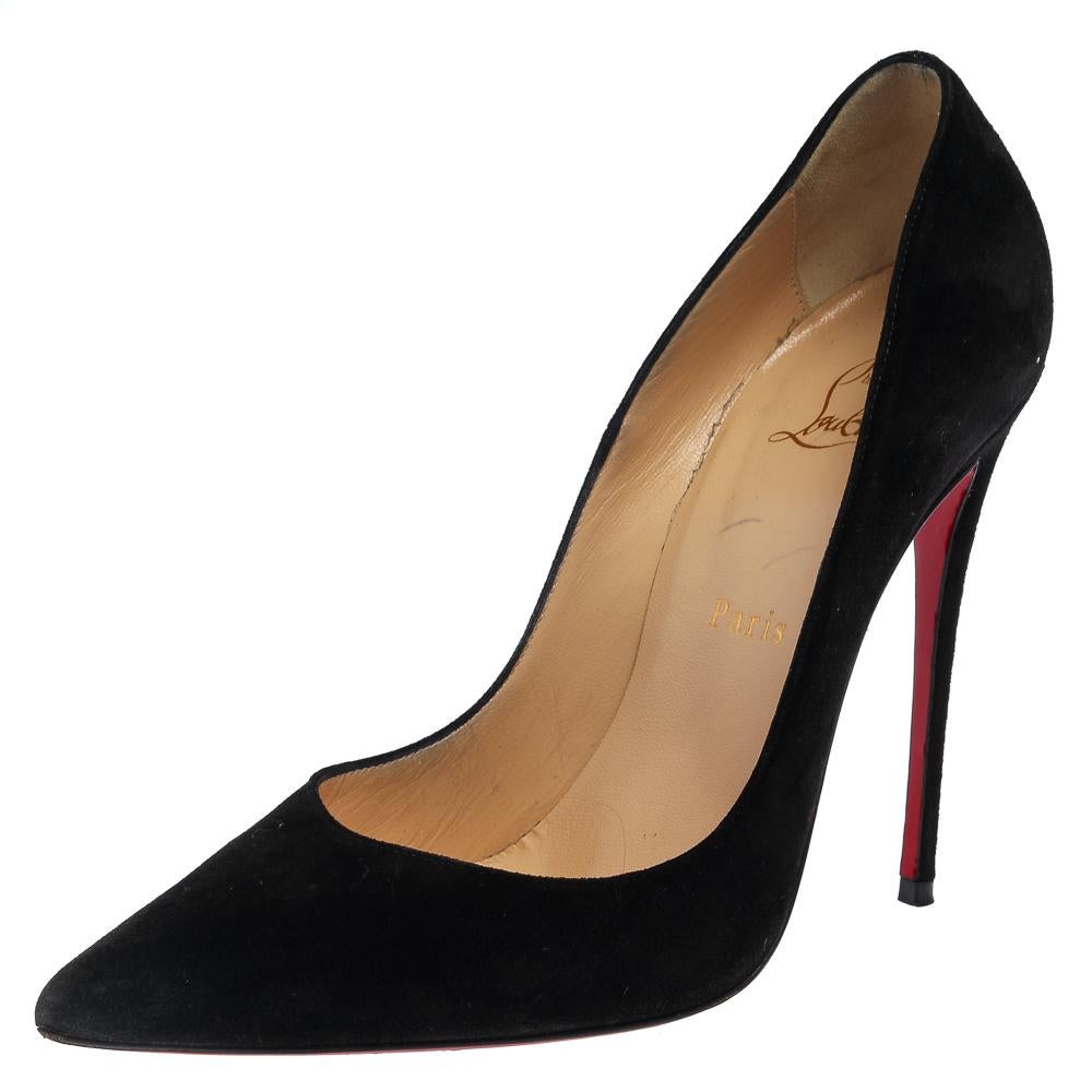 Christian Louboutin's one of the most loved styles is So Kate, named after the English model, actress, and businesswoman, Kate Moss. These So Kate pumps are rendered in black suede, flaunting well-cut vamps, pointed toes, and 12.5 cm heels that