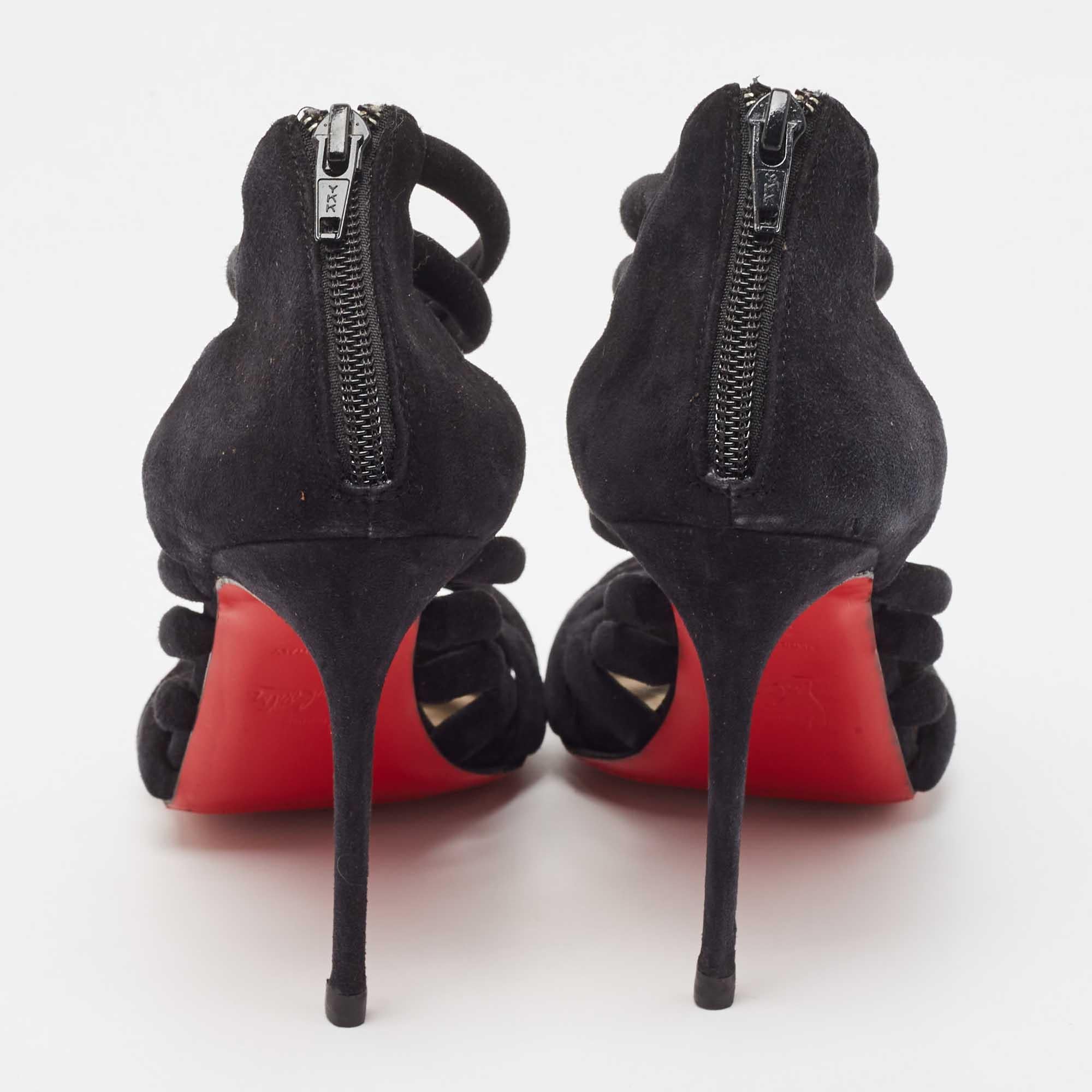 Christian Louboutin Black Suede Strappy Sandals Size 38.5 In Excellent Condition For Sale In Dubai, Al Qouz 2