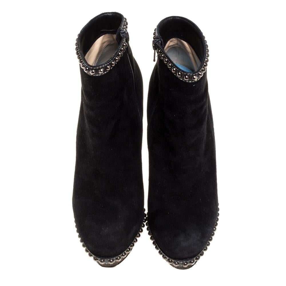 Women's Christian Louboutin Black Suede Studded Zip Ankle Boots Size 39
