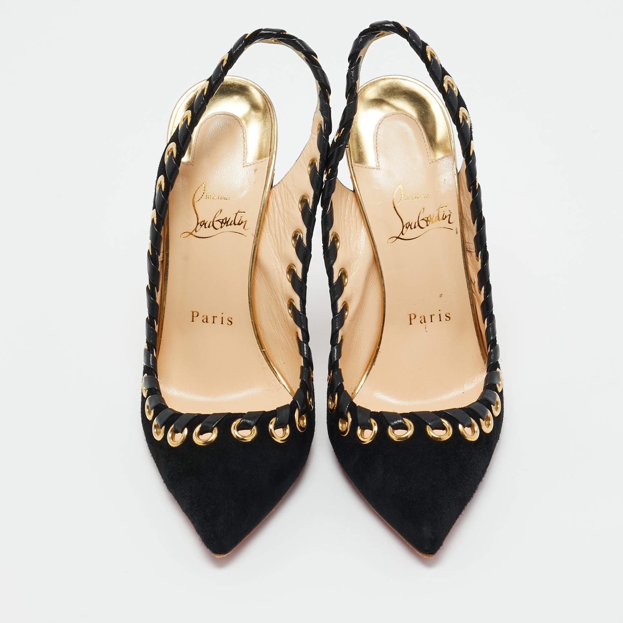 Christian Louboutin brings you this stunning pair of Whipstitch Ostri pumps that will elevate your outfit and give you confidence in every step. The chic suede sandals come with pointed toes and flaunt leather trims looped through gold-tone eyelets.