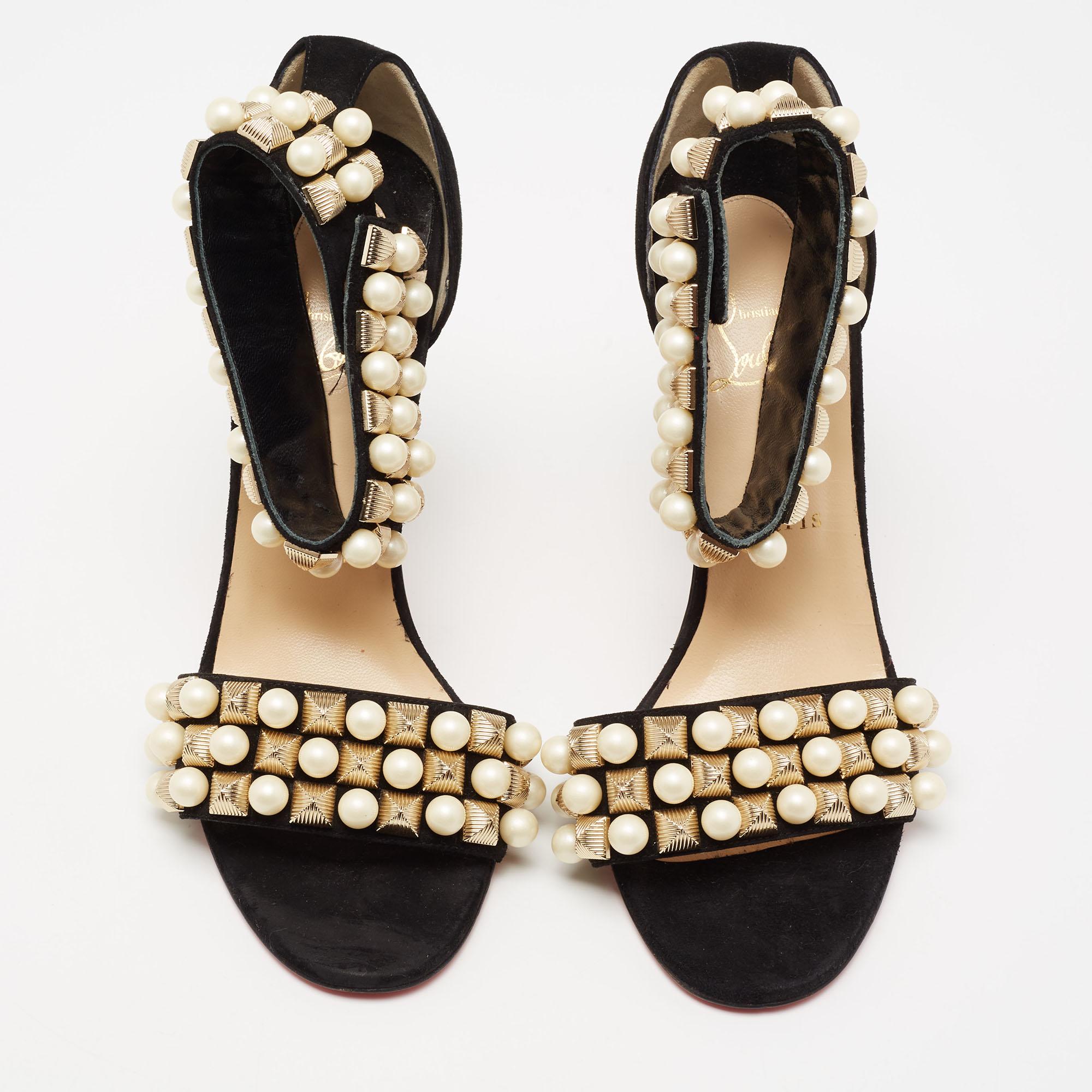 Women's Christian Louboutin Black Suede Tudor Bal Ankle-Strap Sandals Size 40