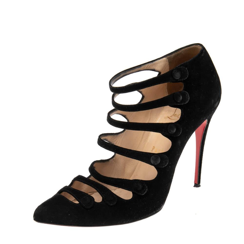 Christian Louboutin brings to you this stunning pair of Viennana pumps that are perfect for both day and evening use. Crafted in black suede, these pointed-toe pumps feature buttoned straps at the vamps along with a sleek design and high heels.

