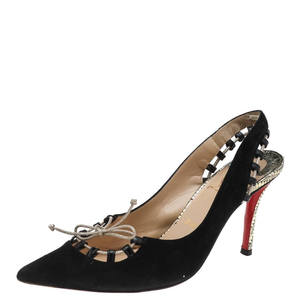 Christian Louboutin Black Suede Whipstitch Pointed Toe Slingback Sandals Size 38 For Sale 2