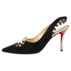 Christian Louboutin Black Suede Whipstitch Pointed Toe Slingback Sandals Size 39