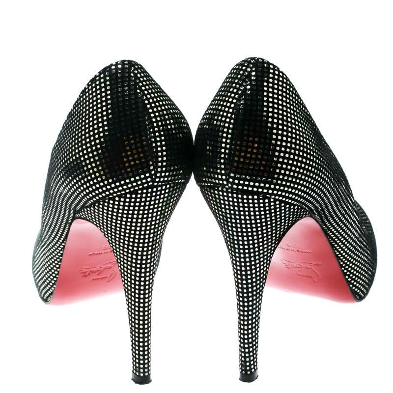 Women's Christian Louboutin Black Suede with Metallic Silver Polka Dots Pumps  Size 36