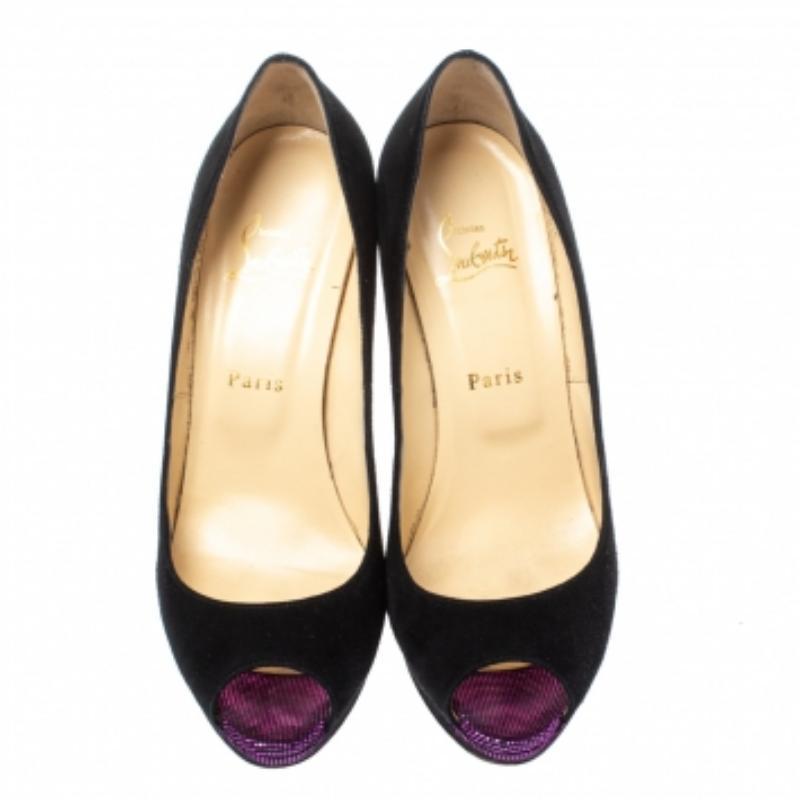 Women's Christian Louboutin Black Suede Yolanda Peep Toe Pumps Size 39.5 For Sale