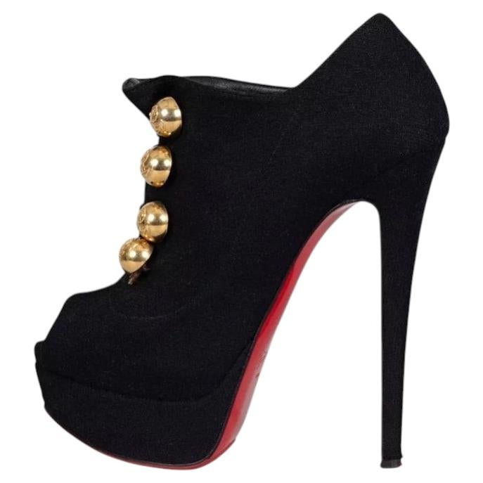 Christian Louboutin Black Textile Open-Toe Wedge Booties Sz.36 For Sale
