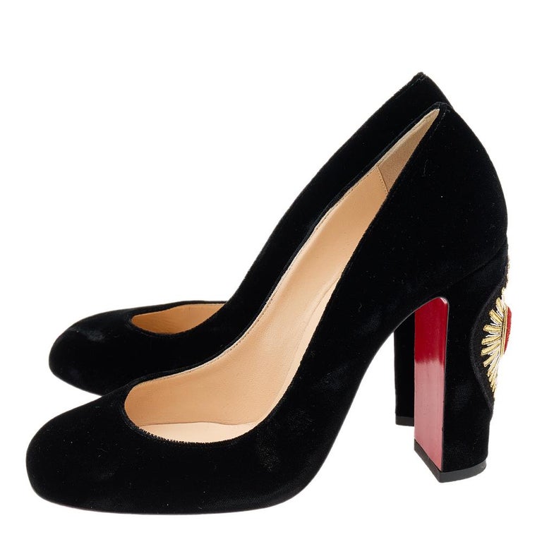 Christian Louboutin Black Velvet Cadrilla Corazon Block Heel Pumps Size