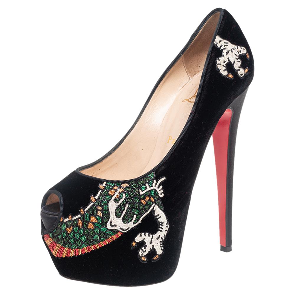 Christian Louboutin Black Velvet Dragon Tattoo Highness Peep-Toe Pumps Size 37 2