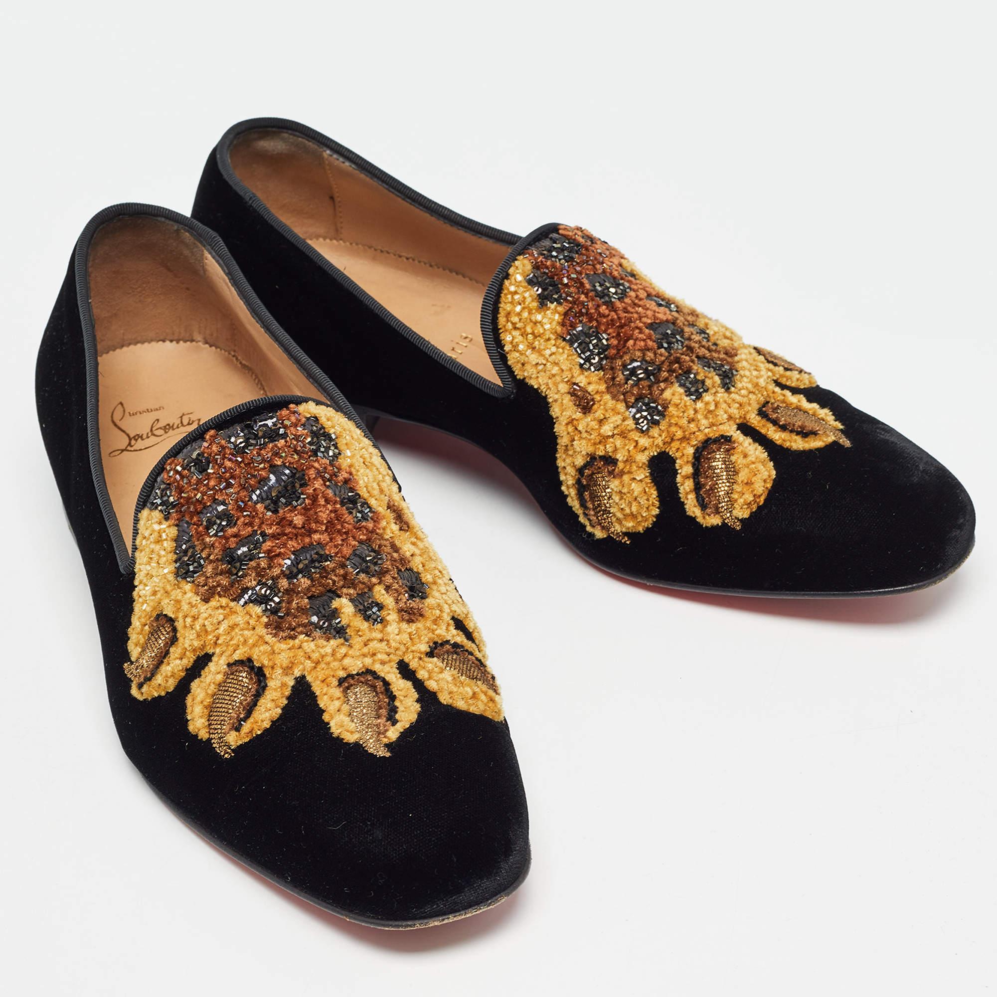 Women's Christian Louboutin Black Velvet Embraided Smoking Slippers Size 40