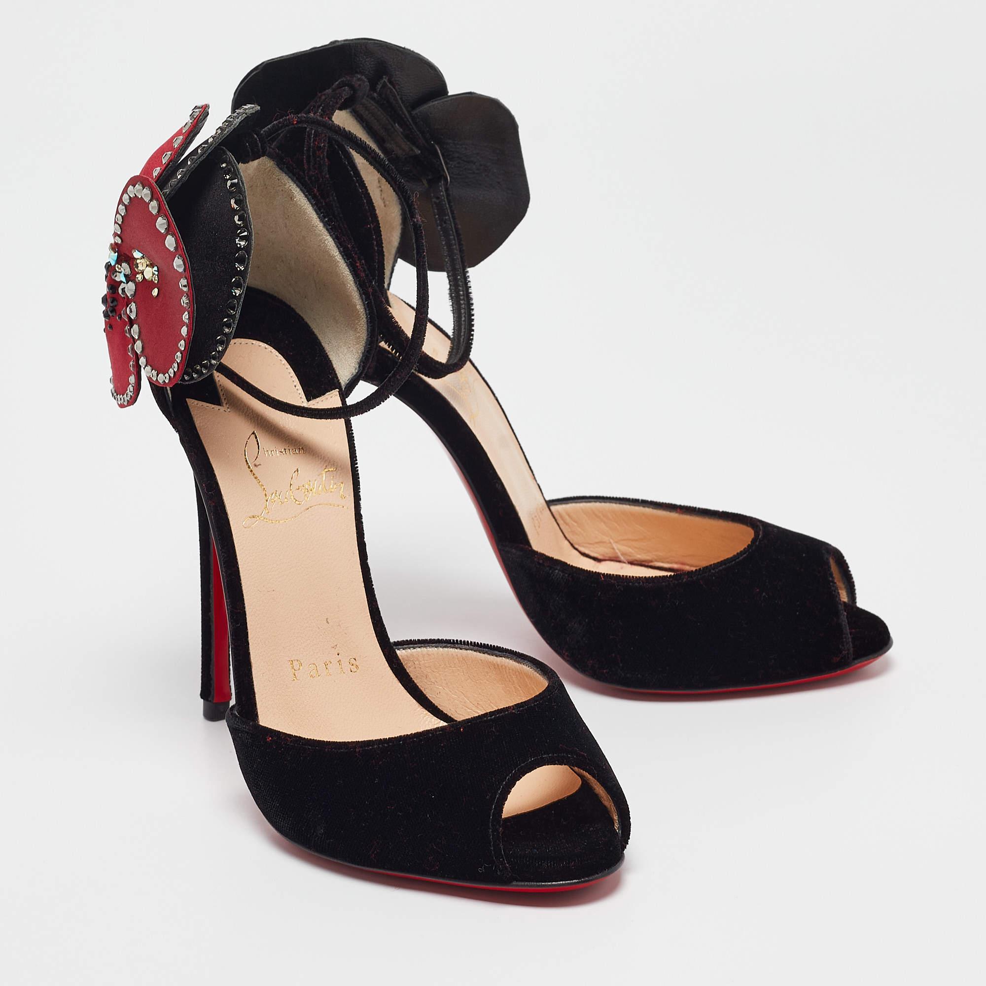 Women's Christian Louboutin Black Velvet Pensamoi Sandals Size 35