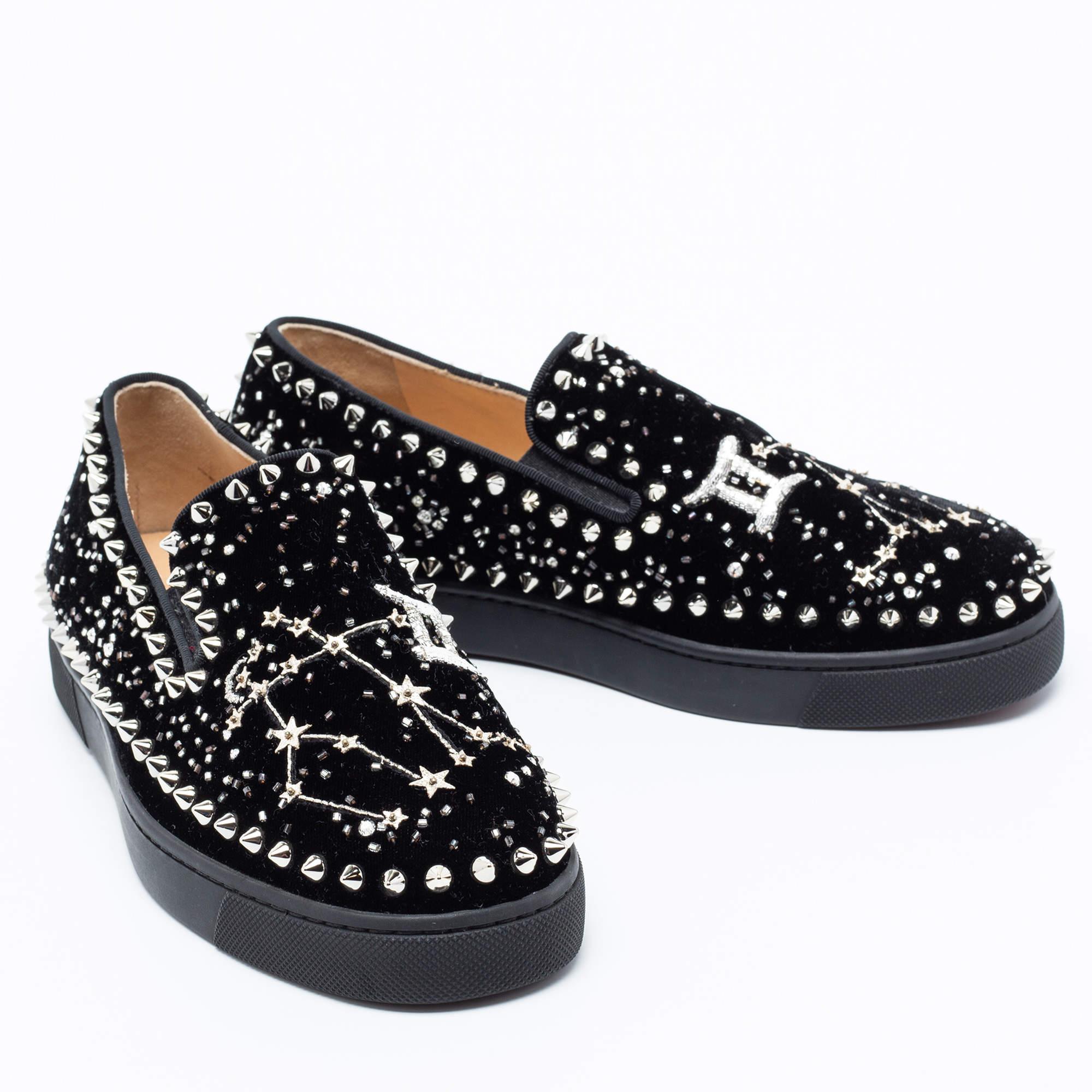 Christian Louboutin Black Velvet Spike Embellished Slip On Sneakers Size 36.5 In New Condition In Dubai, Al Qouz 2