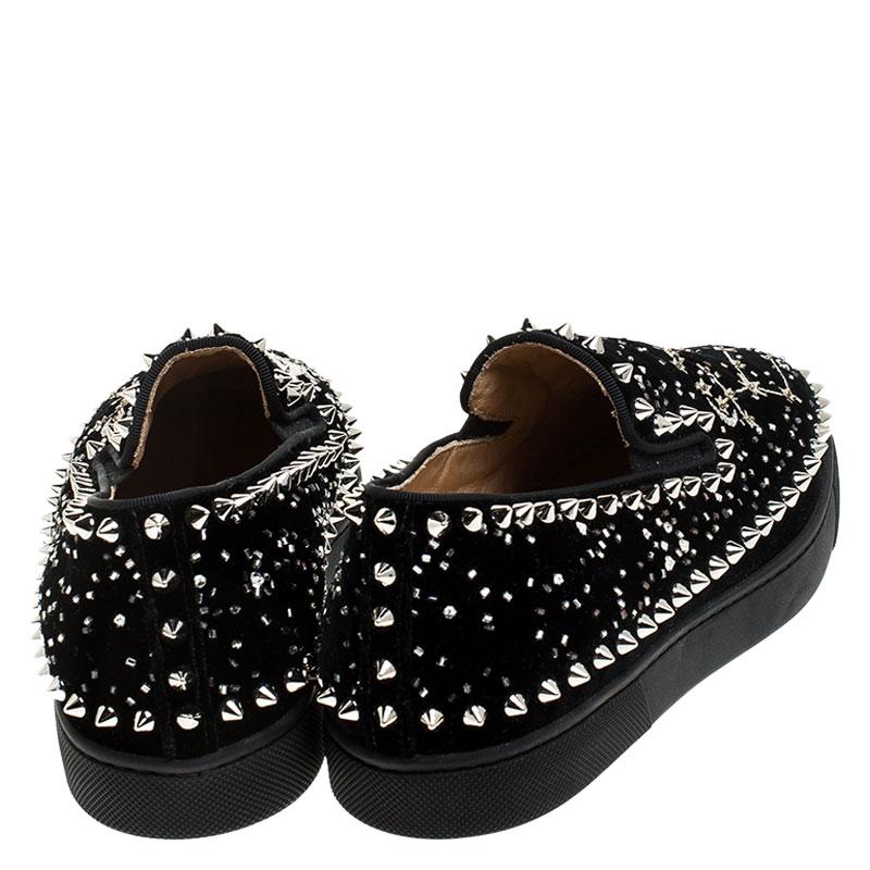 Christian Louboutin Black Velvet Spike Embellished Slip On Sneakers Size 36.5 In New Condition In Dubai, Al Qouz 2