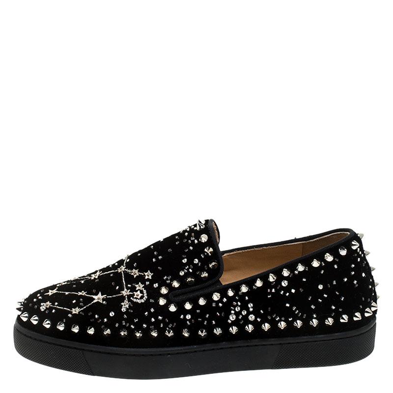 Christian Louboutin Black Velvet Spike Embellished Slip On Sneakers Size 36.5 1