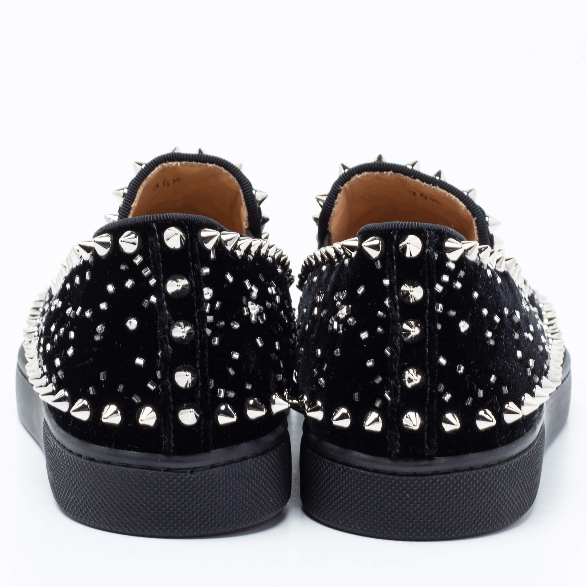 Christian Louboutin Black Velvet Spike Embellished Slip On Sneakers Size 36.5 1