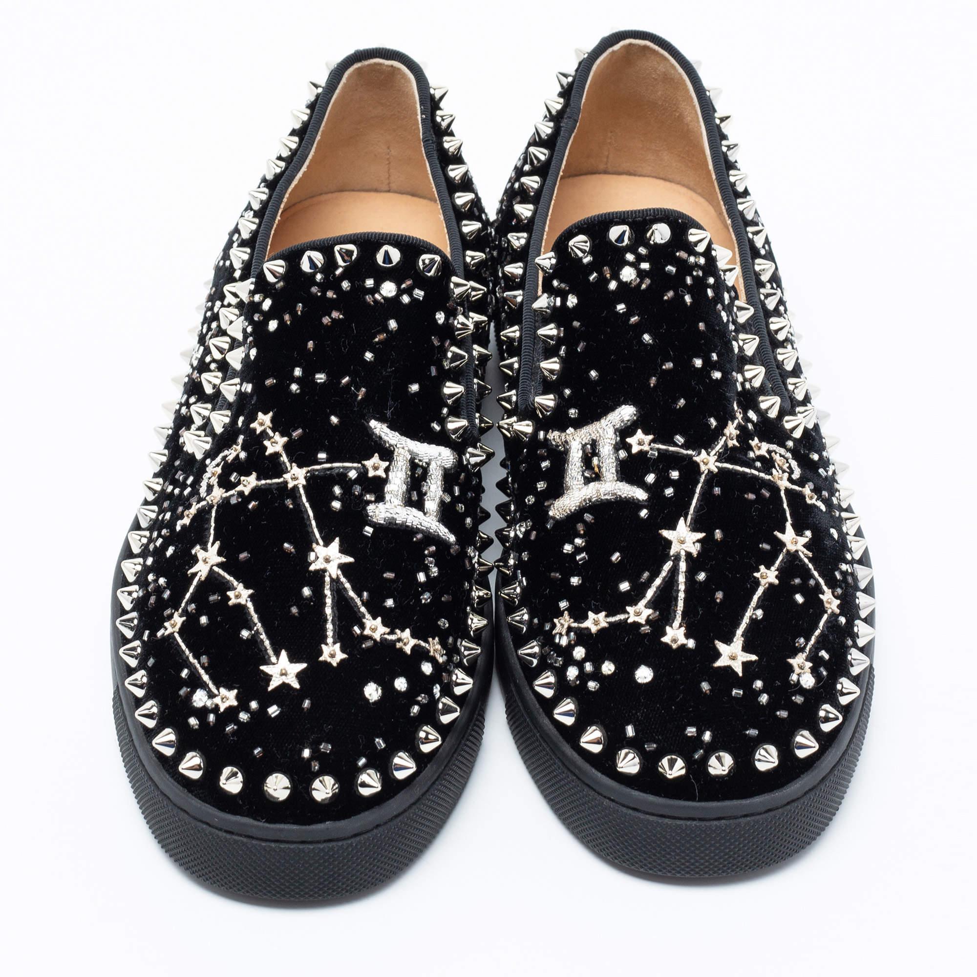 Christian Louboutin Black Velvet Spike Embellished Slip On Sneakers Size 36.5 4