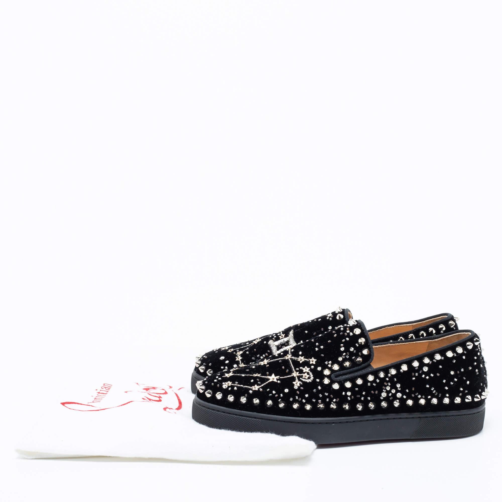 Christian Louboutin Black Velvet Spike Embellished Slip On Sneakers Size 36.5 5