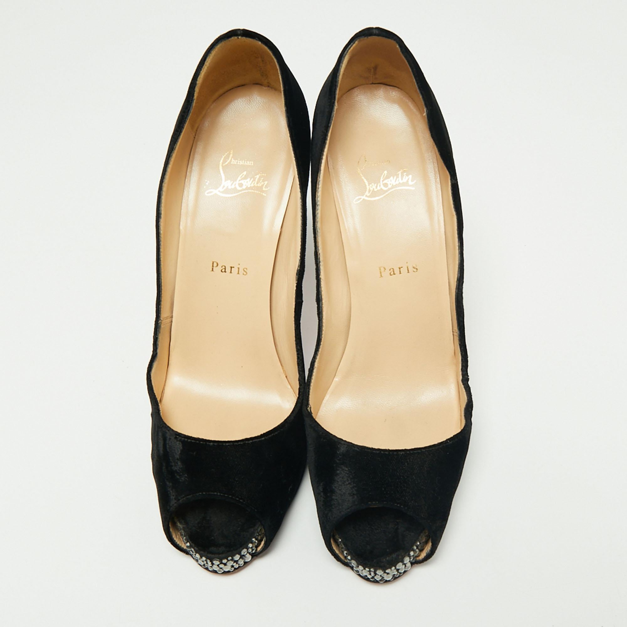 Christian Louboutin Black Velvet Very Prive Crystal Peep-Toe Pumps Size 40.5 For Sale 1