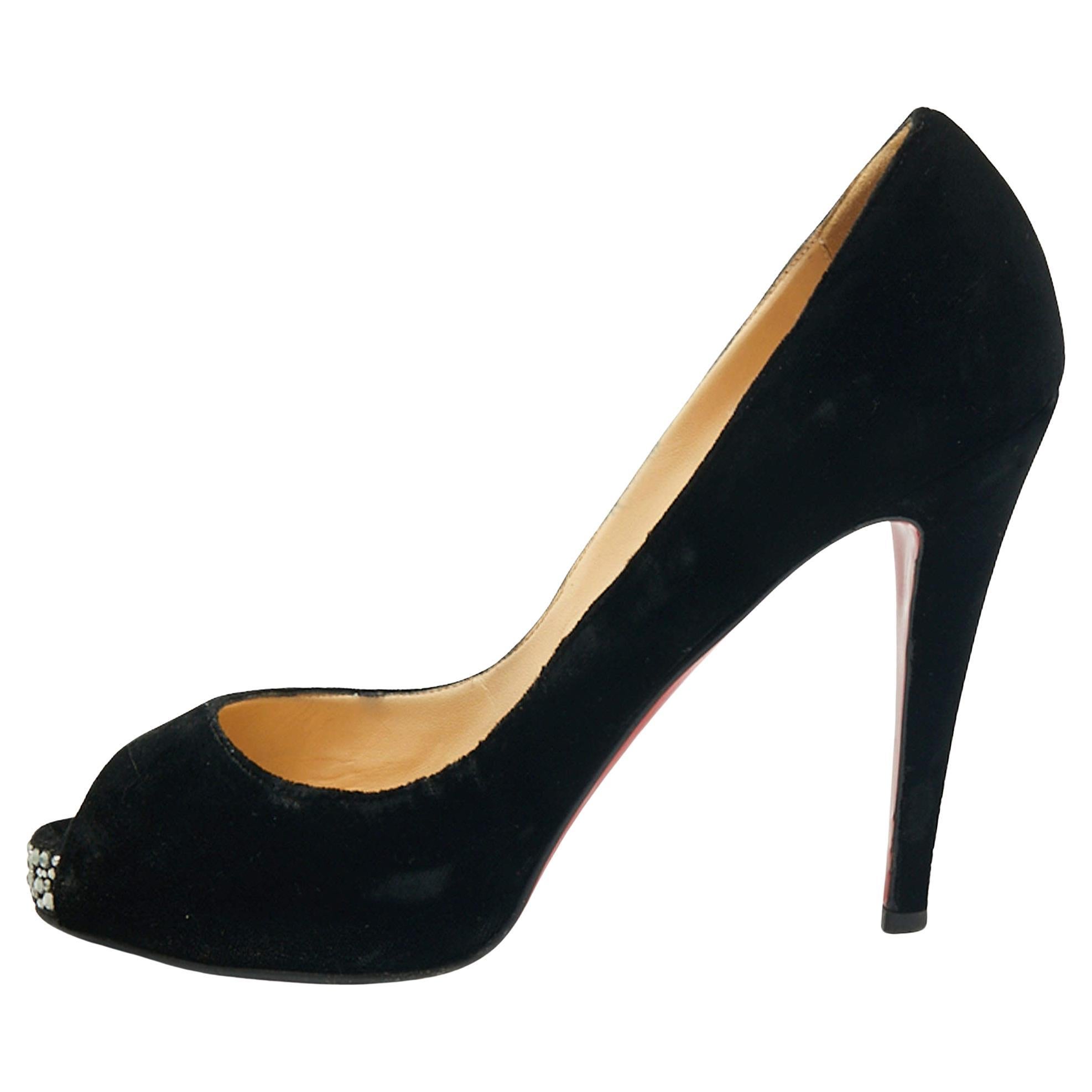 Christian Louboutin Black Velvet Very Prive Crystal Peep-Toe Pumps Size 40.5 For Sale