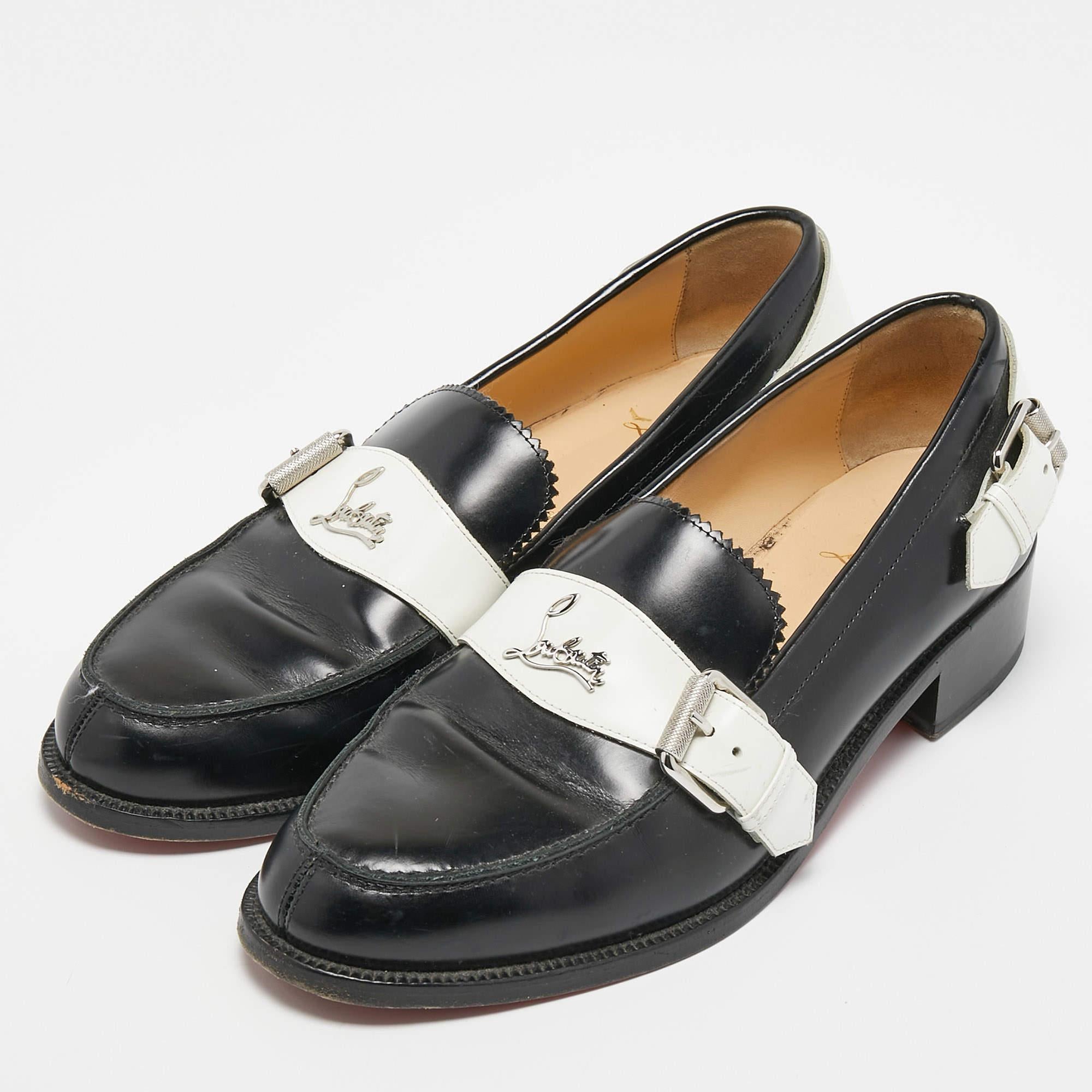Christian Louboutin Black/White Leather Monmoc Loafers Size 39.5 In Good Condition In Dubai, Al Qouz 2