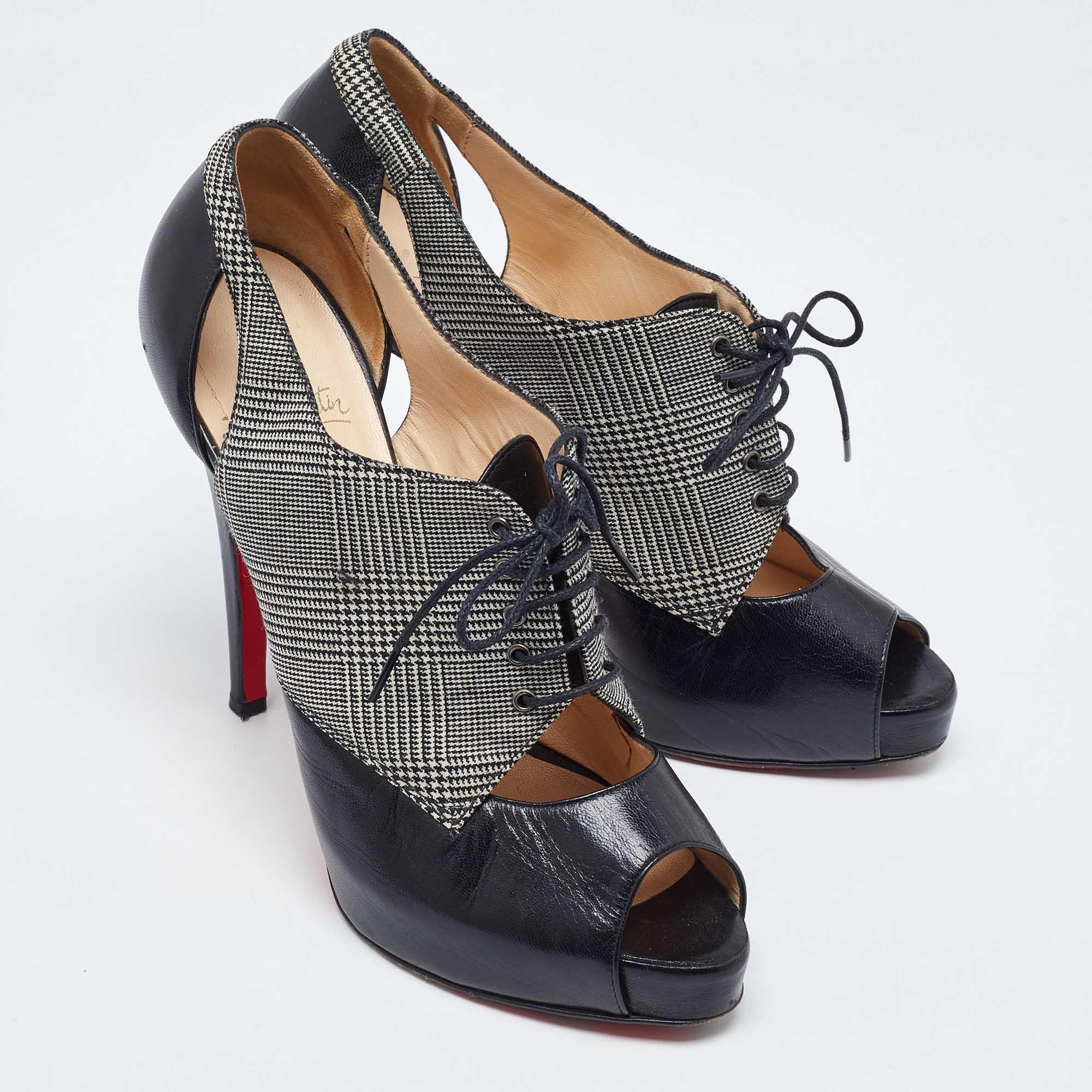 Women's Christian Louboutin Black/White Leather Tartan Platform Oxford Booties Size 39.5