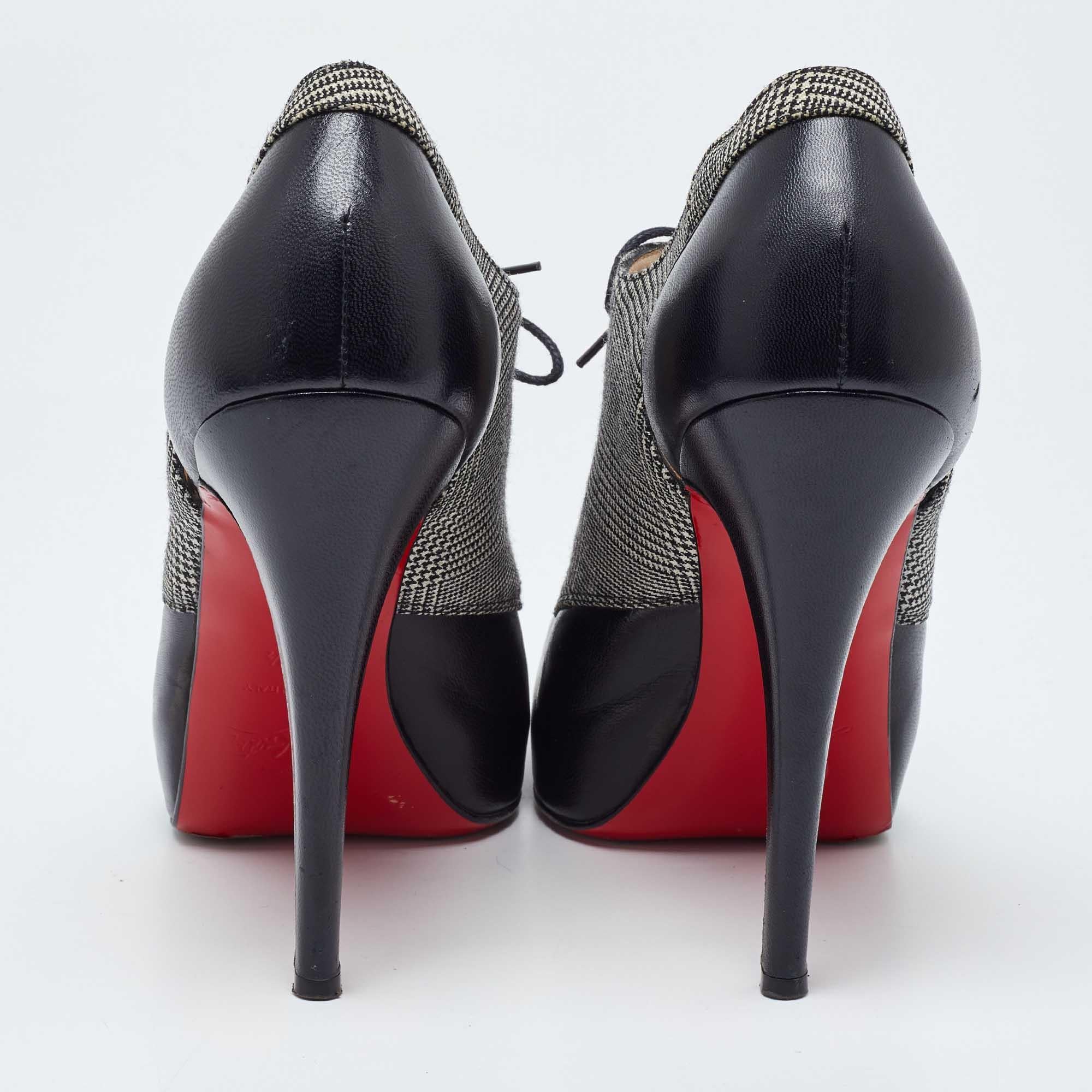 Christian Louboutin Black/White Leather Tartan Platform Oxford Booties Size 39.5 1