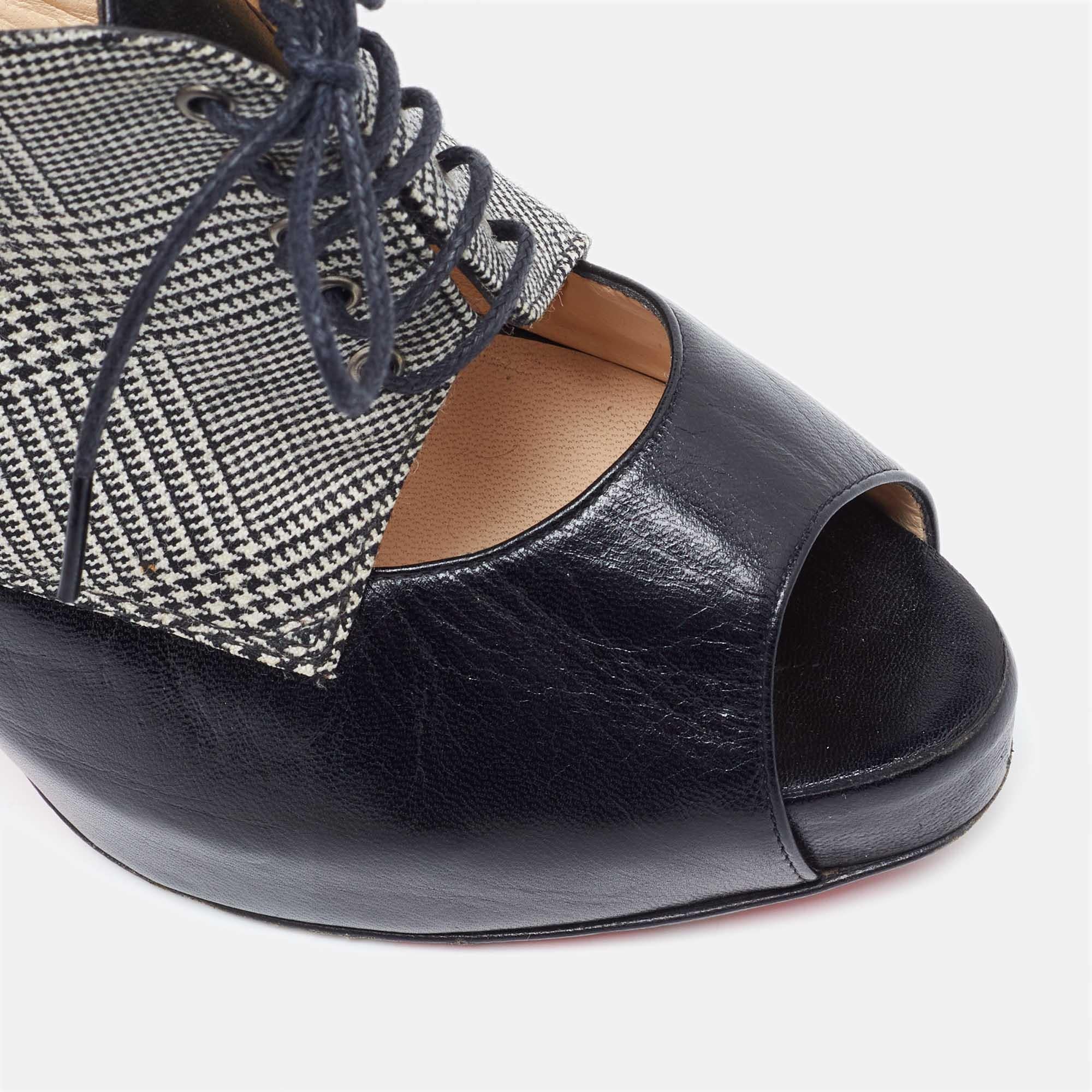Christian Louboutin Black/White Leather Tartan Platform Oxford Booties Size 39.5 4
