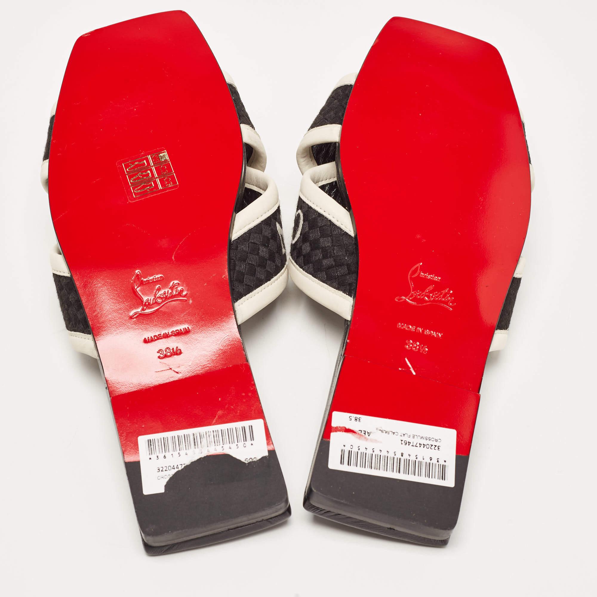 Christian Louboutin Black/White Logo Canvas and Leather Crossimule Flat Slides S 2