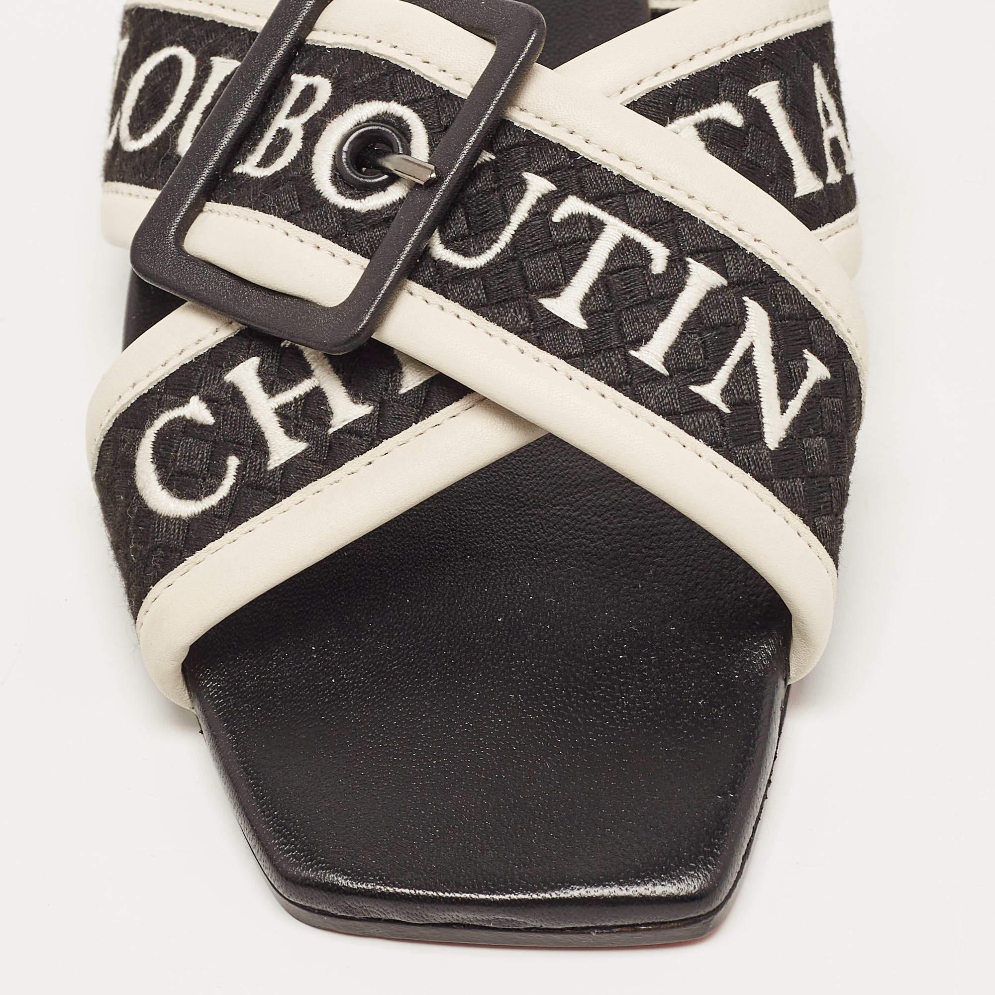 Christian Louboutin Black/White Logo Canvas and Leather Crossimule Flat Slides S 4