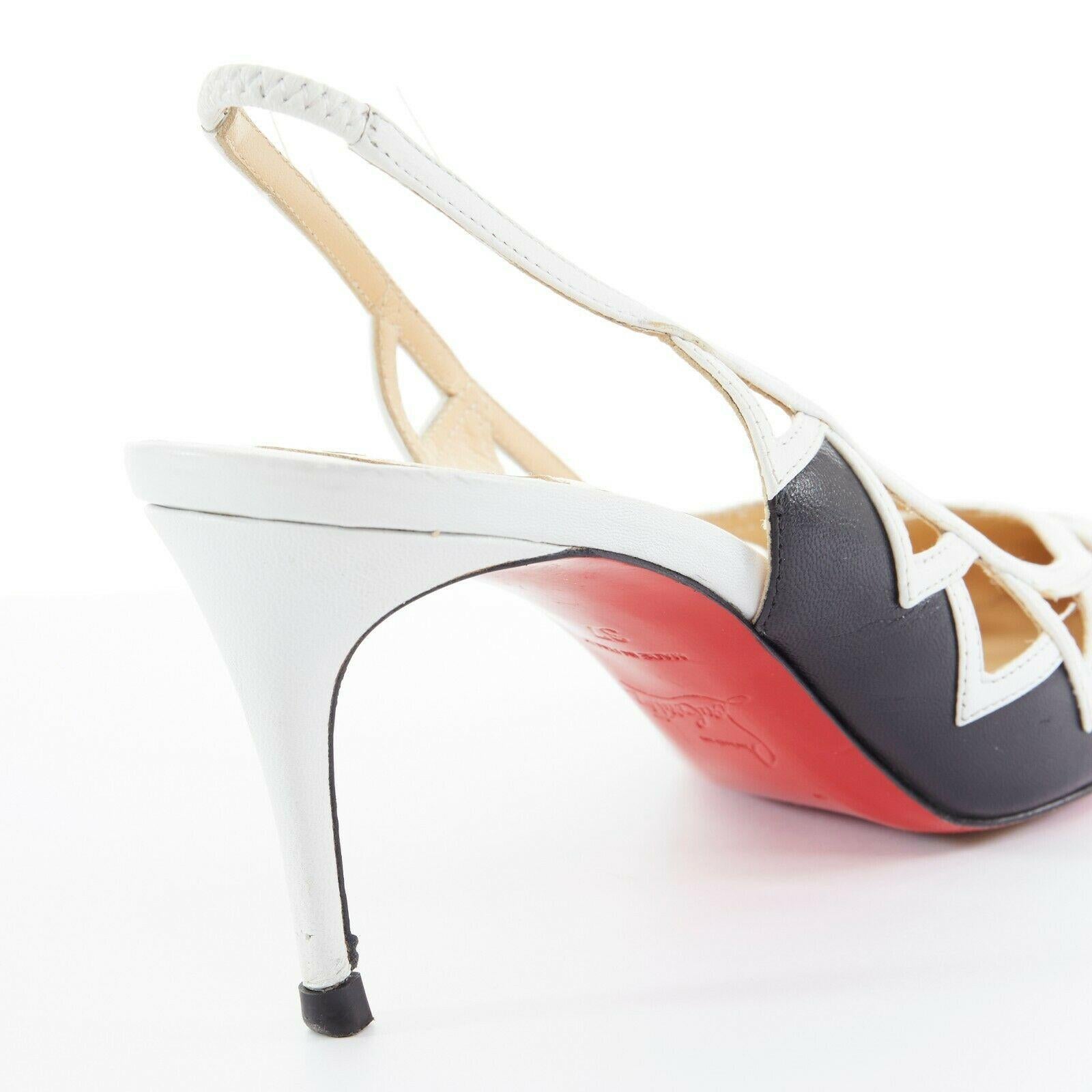 CHRISTIAN LOUBOUTIN black white triangular cut out slingback pumps heels EU37 1