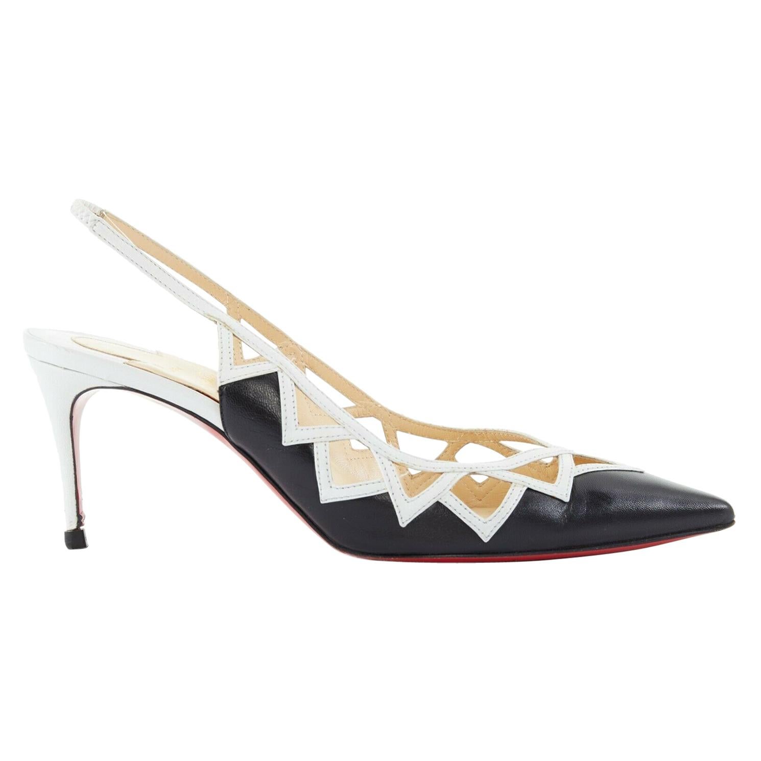 CHRISTIAN LOUBOUTIN black white triangular cut out slingback pumps heels EU37