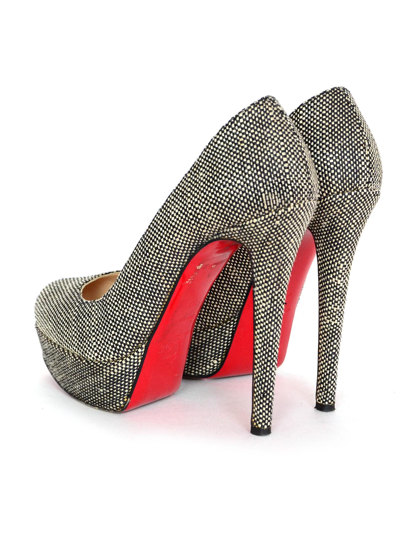 Christian Louboutin Black/White Tweed Bianca Platform Shoes Sz 37 In Excellent Condition In New York, NY