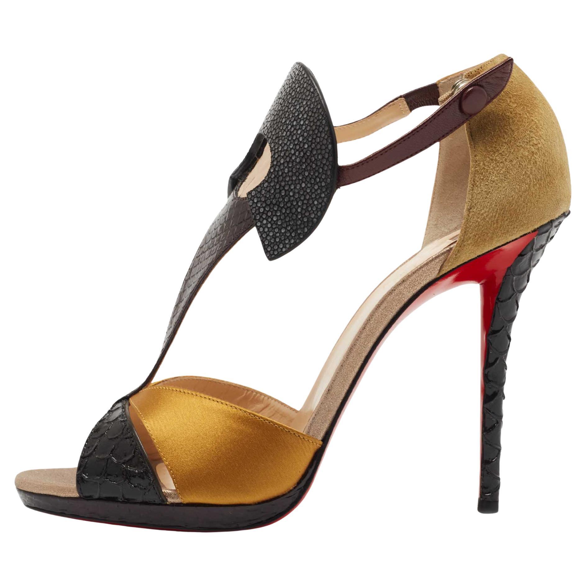 Christian Louboutin Black/Yellow Python Embossed Leather, Suede and Satin Aztec  For Sale