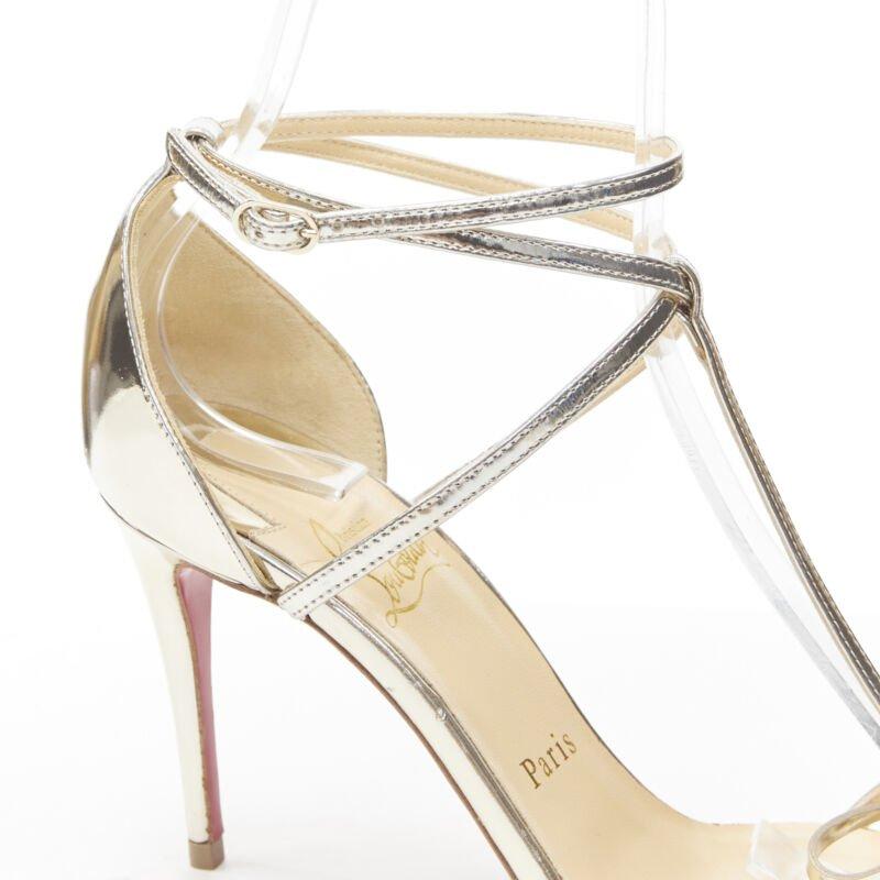 CHRISTIAN LOUBOUTIN Blakissima metallic silver bow t-strap sandals EU37.5 4